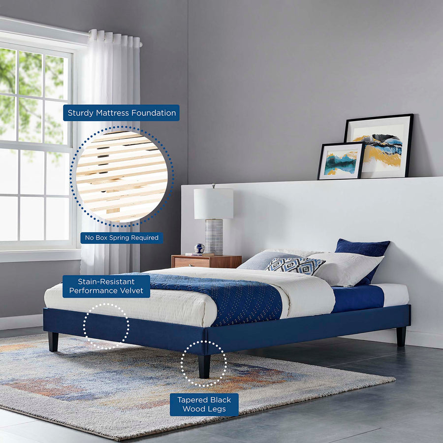 Boucle Performance Velvet Full Platform Bed Frame in Navy