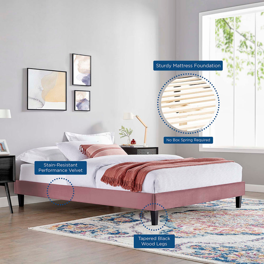 Boucle Performance Velvet Queen Platform Bed Frame in Dusty Rose