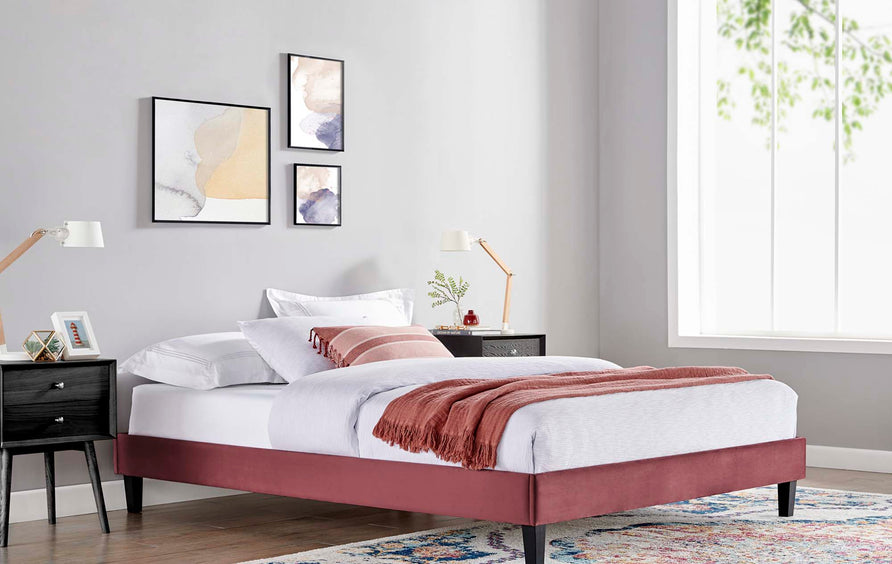 Boucle Performance Velvet Queen Platform Bed Frame in Dusty Rose