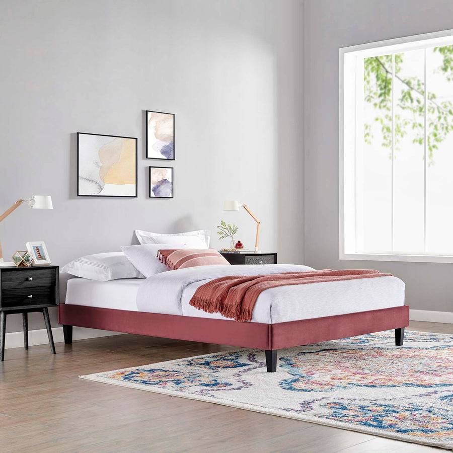 Boucle Performance Velvet Queen Platform Bed Frame in Dusty Rose