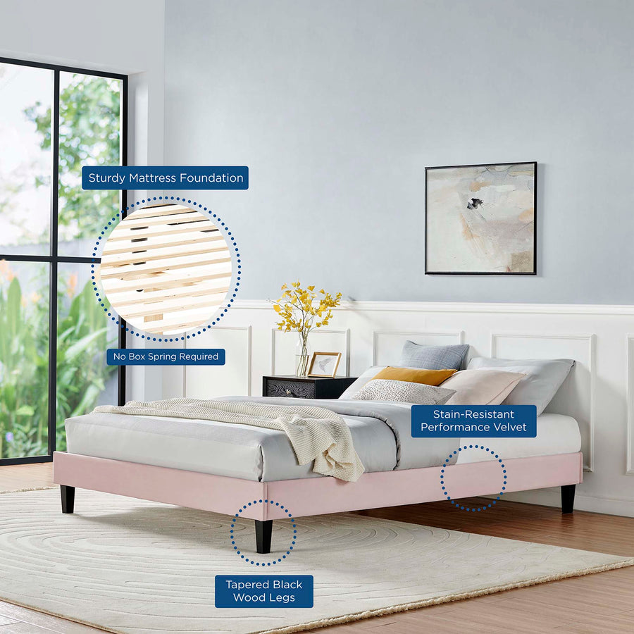 Boucle Performance Velvet Queen Platform Bed Frame in Pink
