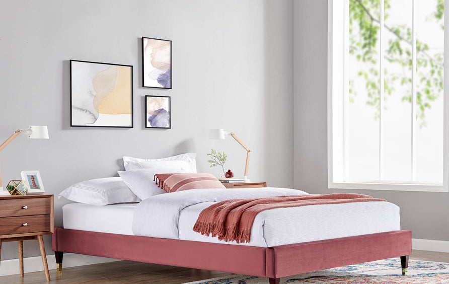 Neroli Performance Velvet Queen Platform Bed Frame in Dusty Rose