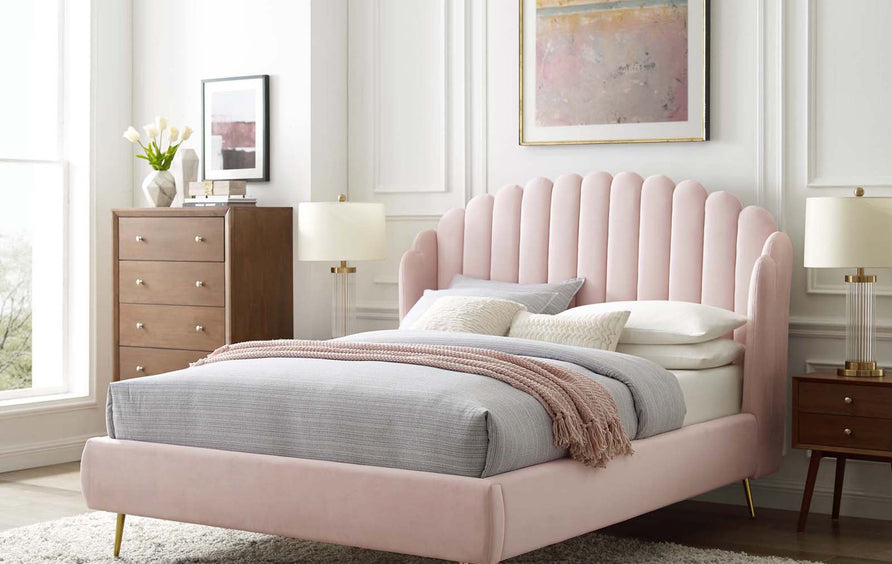 Merida Performance Velvet Queen Wingback Platform Bed in Pink