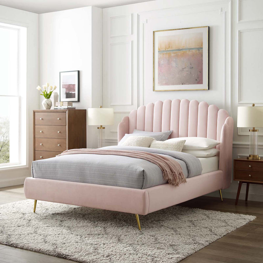 Merida Performance Velvet Queen Wingback Platform Bed in Pink