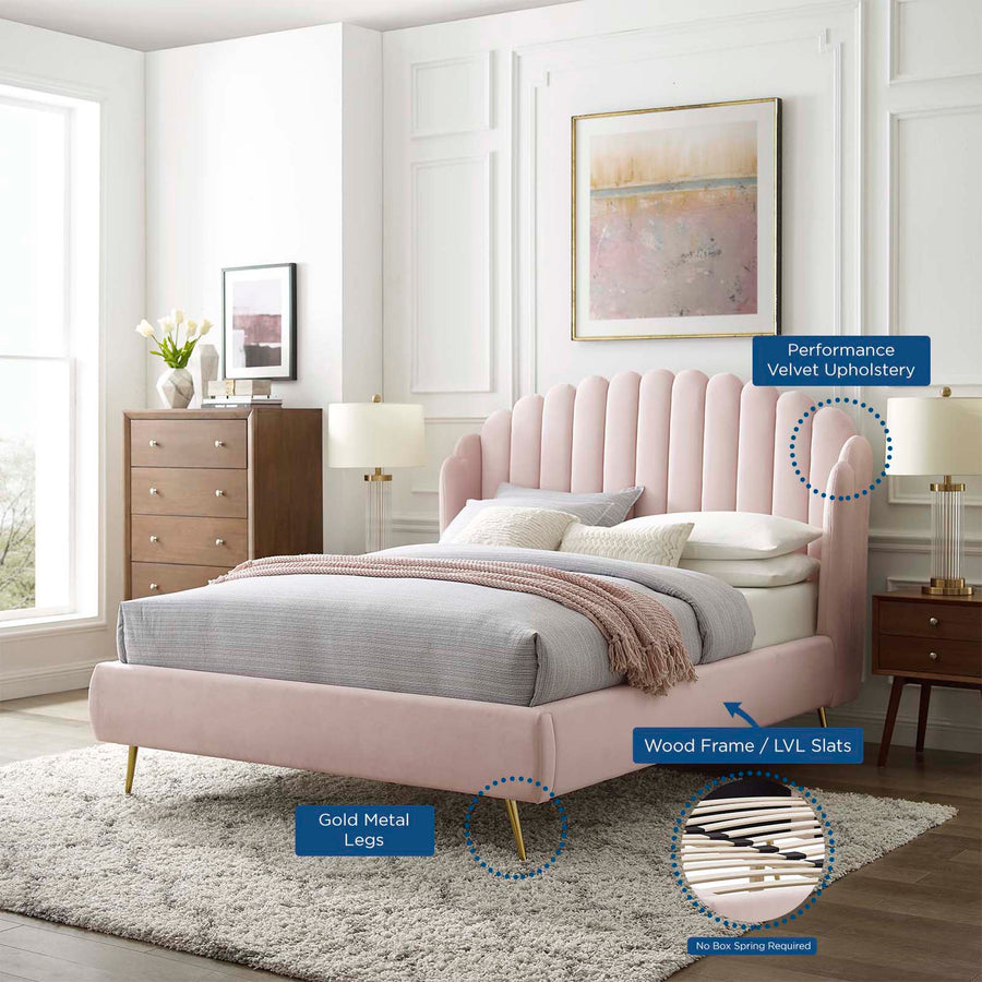 Merida Performance Velvet Queen Wingback Platform Bed in Pink