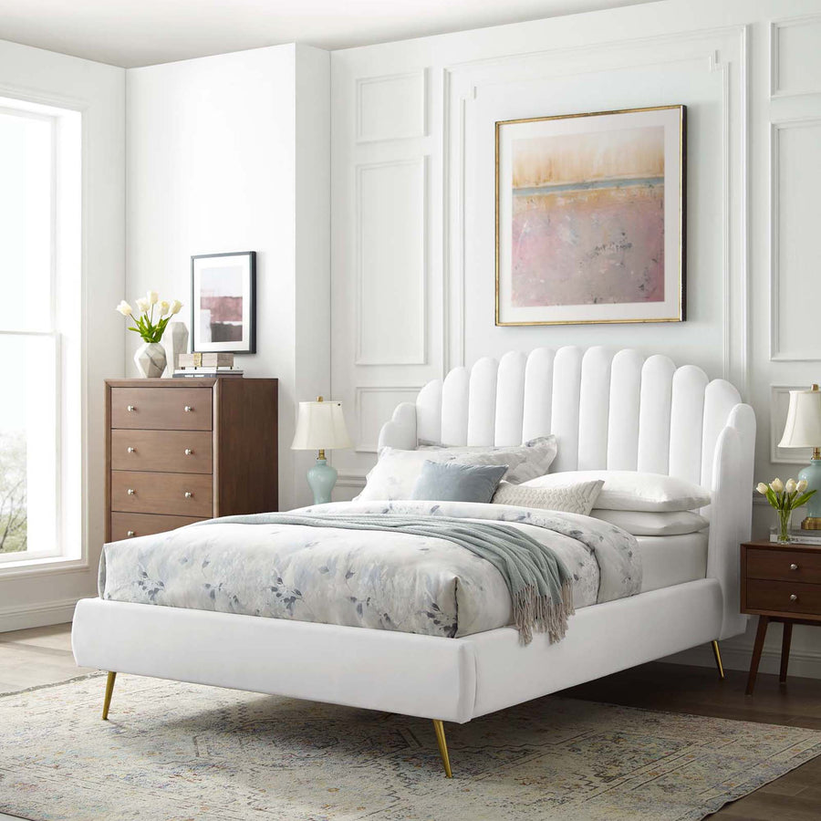 Merida Performance Velvet Queen Wingback Platform Bed in White