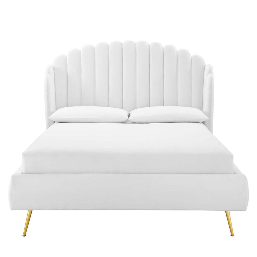 Merida Performance Velvet Queen Wingback Platform Bed in White