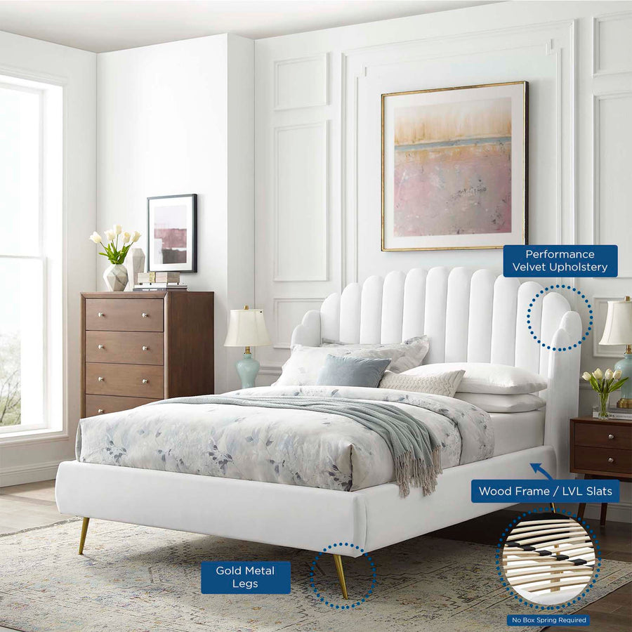 Merida Performance Velvet Queen Wingback Platform Bed in White