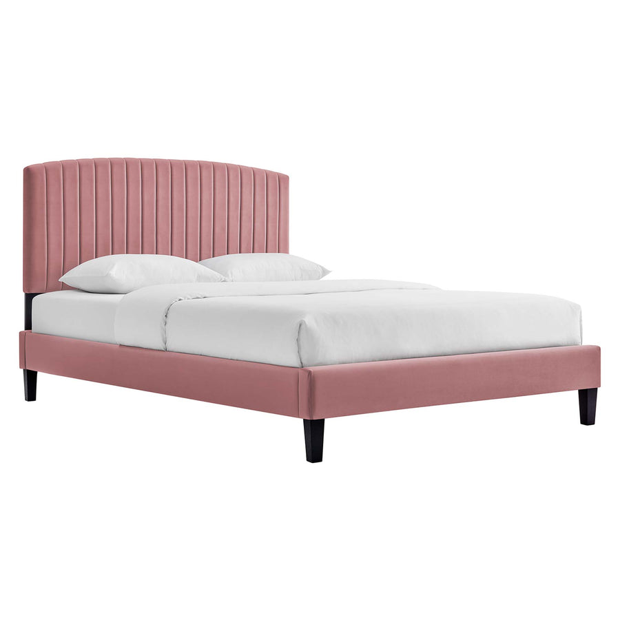 Villa Tapered Wood Leg Performance Velvet Queen Platform Bed in Dusty Rose