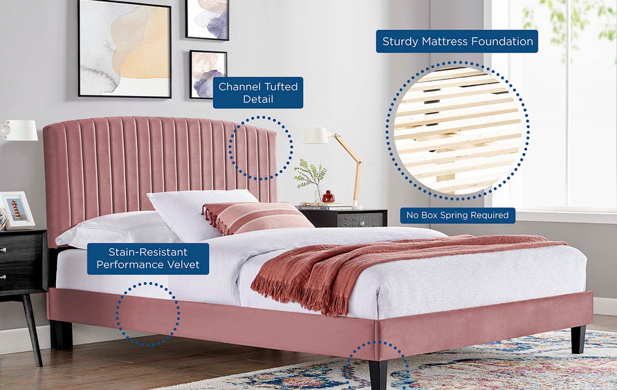 Villa Tapered Wood Leg Performance Velvet Queen Platform Bed in Dusty Rose