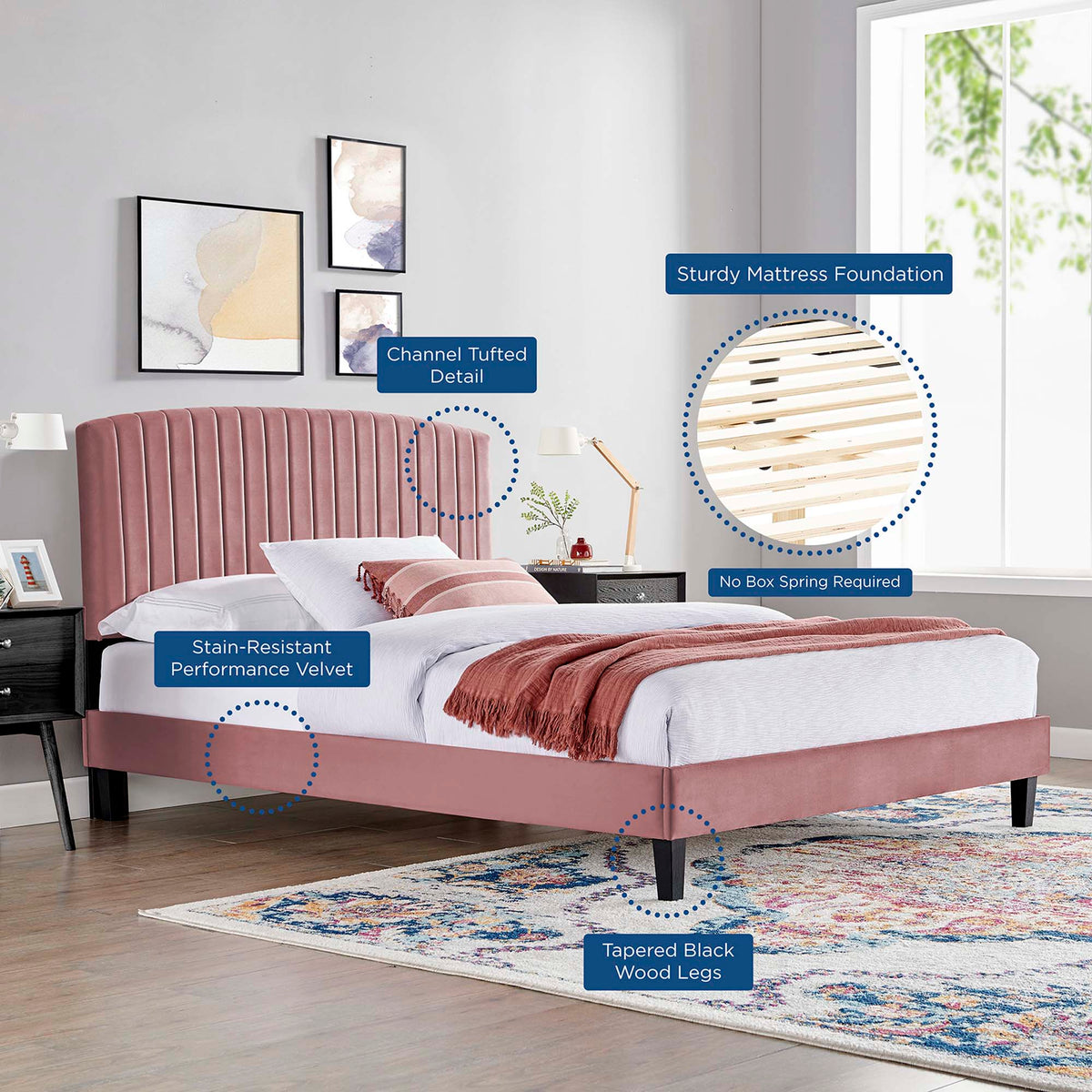 Alessi Tapered Wood Leg Performance Velvet Queen Platform Bed in Dusty Rose