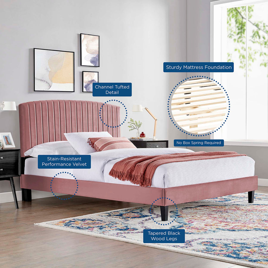 Villa Tapered Wood Leg Performance Velvet Queen Platform Bed in Dusty Rose