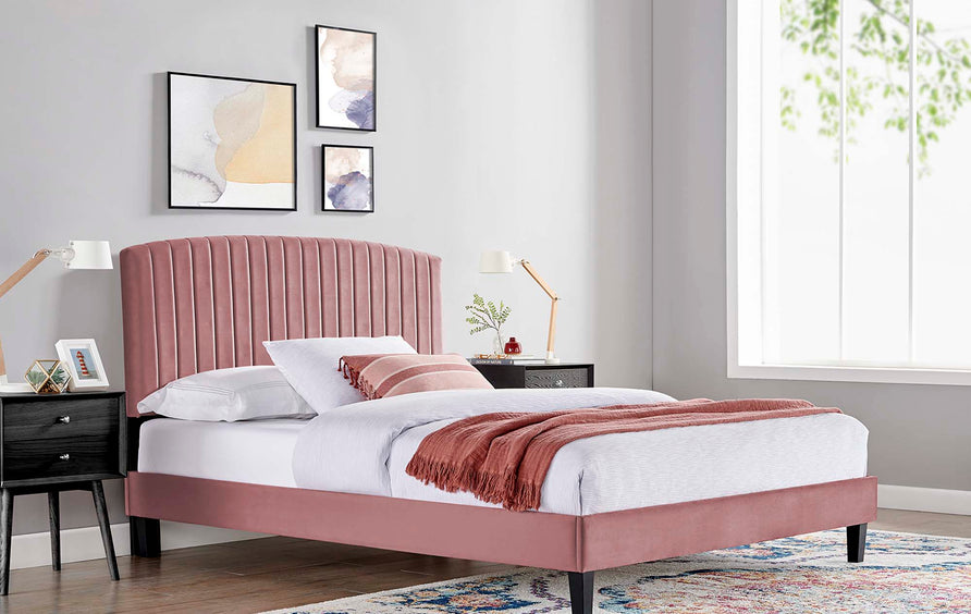 Villa Tapered Wood Leg Performance Velvet Queen Platform Bed in Dusty Rose