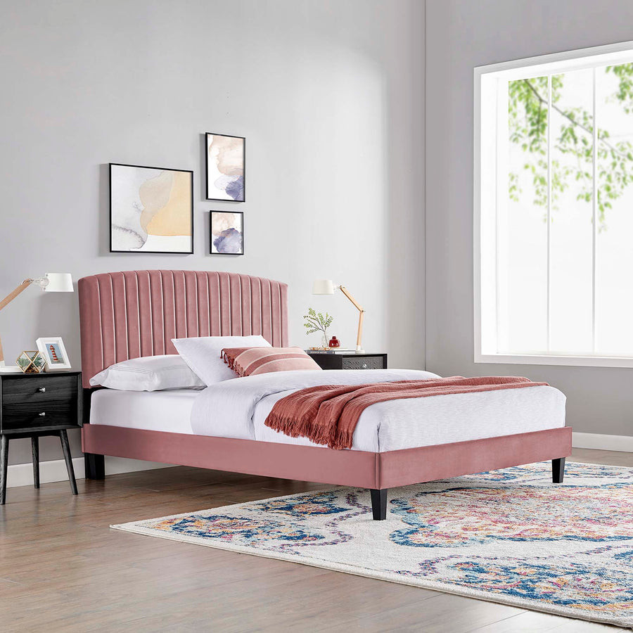 Villa Tapered Wood Leg Performance Velvet Queen Platform Bed in Dusty Rose