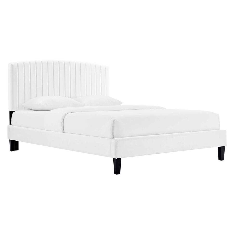 Villa Tapered Wood Leg Performance Velvet Queen Platform Bed in White