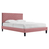 Tartan Tapered Wood Leg Performance Velvet Queen Platform Bed in Dusty Rose