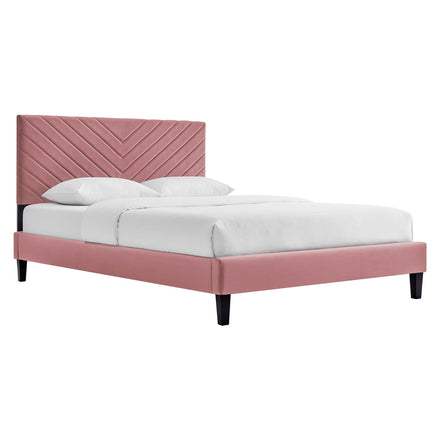 Roxanne Tapered Wood Leg Performance Velvet Queen Platform Bed in Dusty Rose