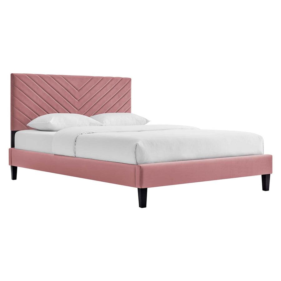 Tartan Tapered Wood Leg Performance Velvet Queen Platform Bed in Dusty Rose