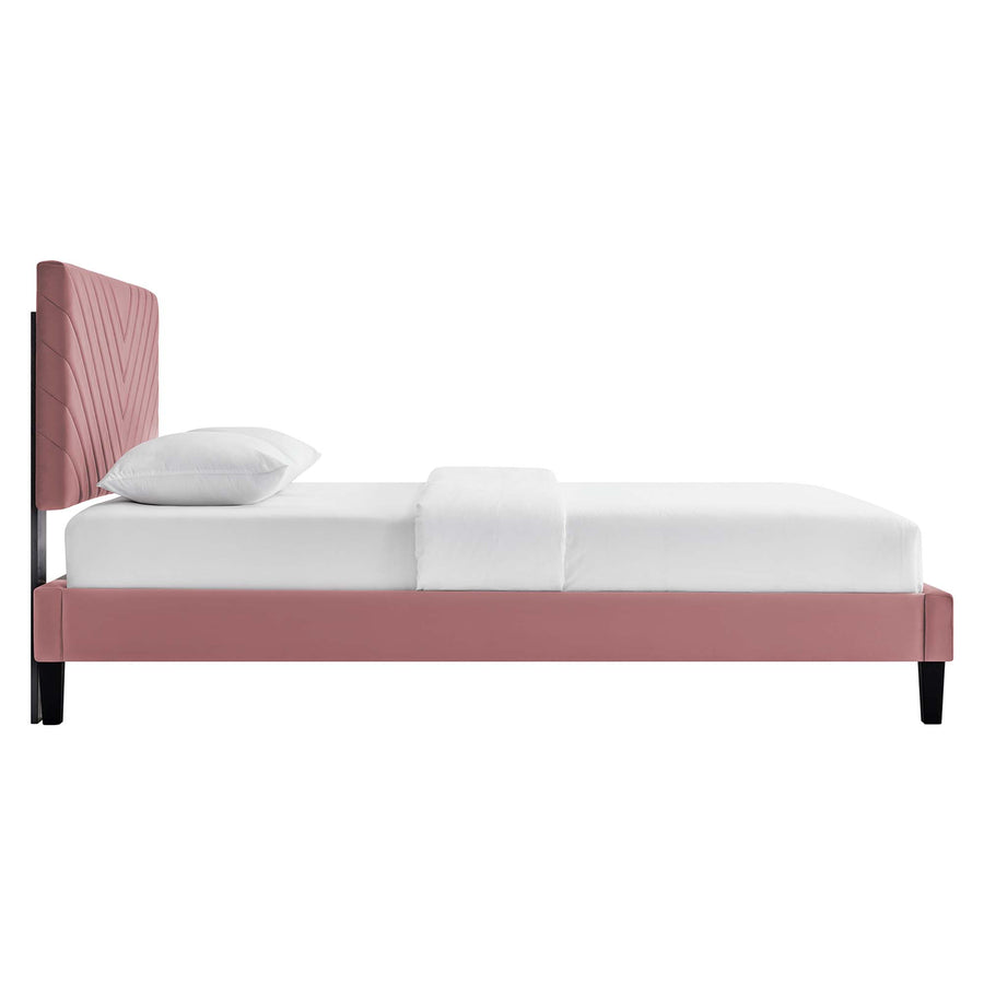 Tartan Tapered Wood Leg Performance Velvet Queen Platform Bed in Dusty Rose