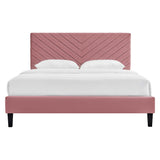Tartan Tapered Wood Leg Performance Velvet Queen Platform Bed in Dusty Rose