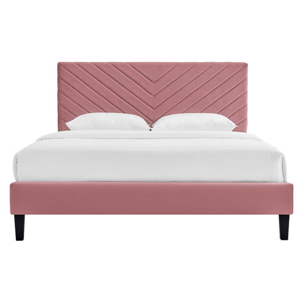 Roxanne Tapered Wood Leg Performance Velvet Queen Platform Bed in Dusty Rose