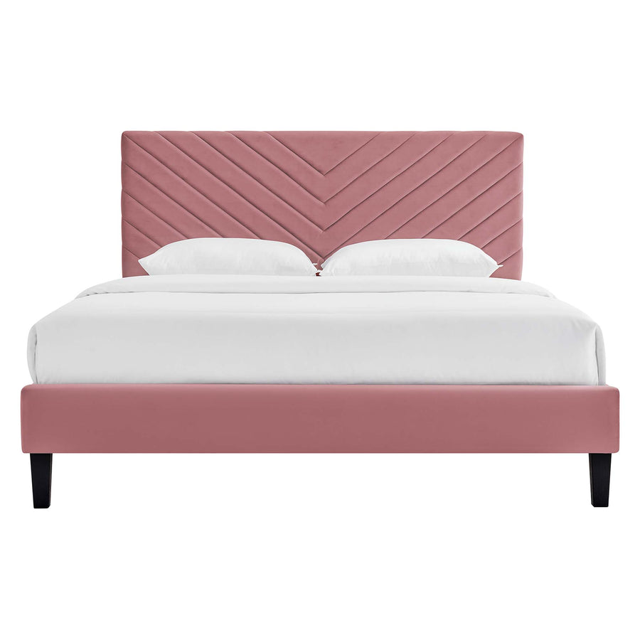 Tartan Tapered Wood Leg Performance Velvet Queen Platform Bed in Dusty Rose
