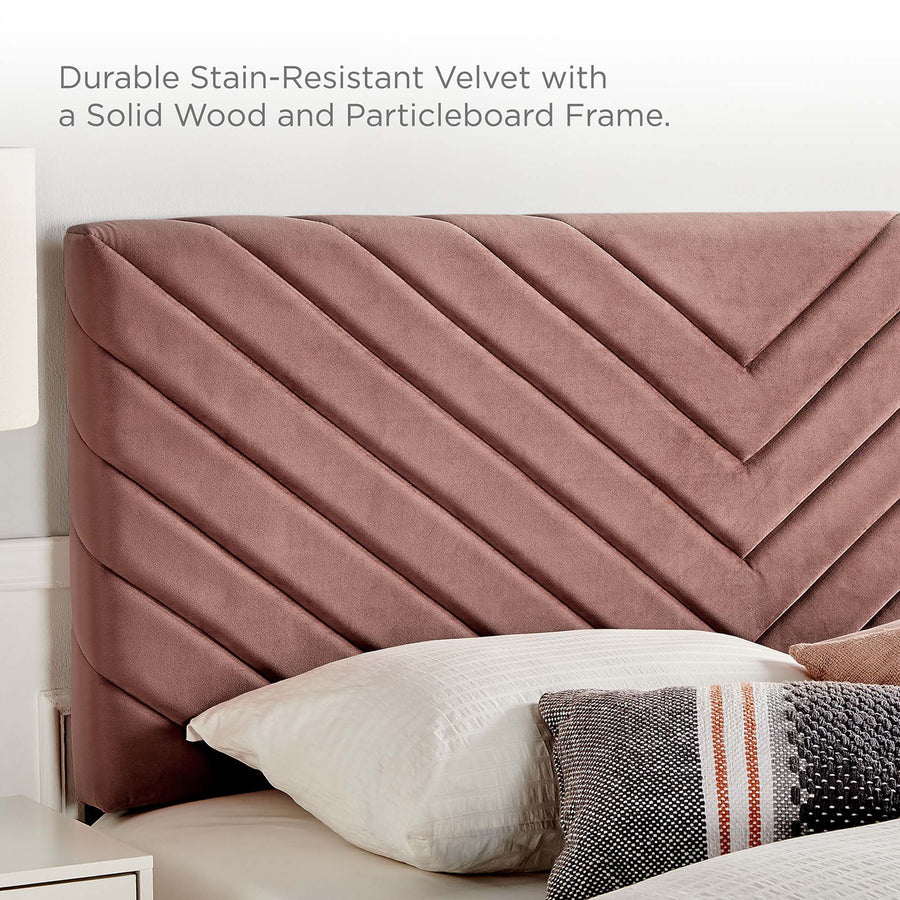 Tartan Tapered Wood Leg Performance Velvet Queen Platform Bed in Dusty Rose