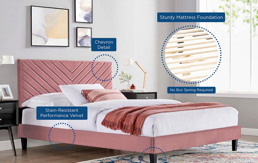 Tartan Tapered Wood Leg Performance Velvet Queen Platform Bed in Dusty Rose