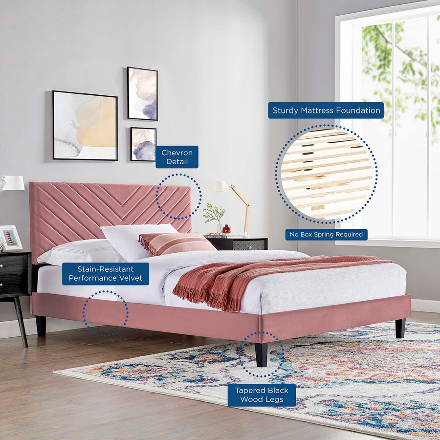 Tartan Tapered Wood Leg Performance Velvet Queen Platform Bed in Dusty Rose