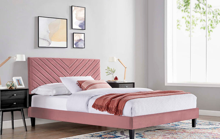 Tartan Tapered Wood Leg Performance Velvet Queen Platform Bed in Dusty Rose