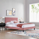 Tartan Tapered Wood Leg Performance Velvet Queen Platform Bed in Dusty Rose