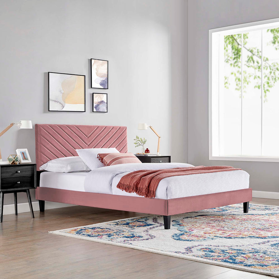 Tartan Tapered Wood Leg Performance Velvet Queen Platform Bed in Dusty Rose
