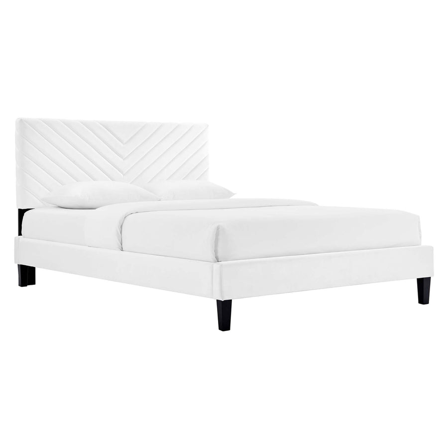 Tartan Tapered Wood Leg Performance Velvet Queen Platform Bed in White