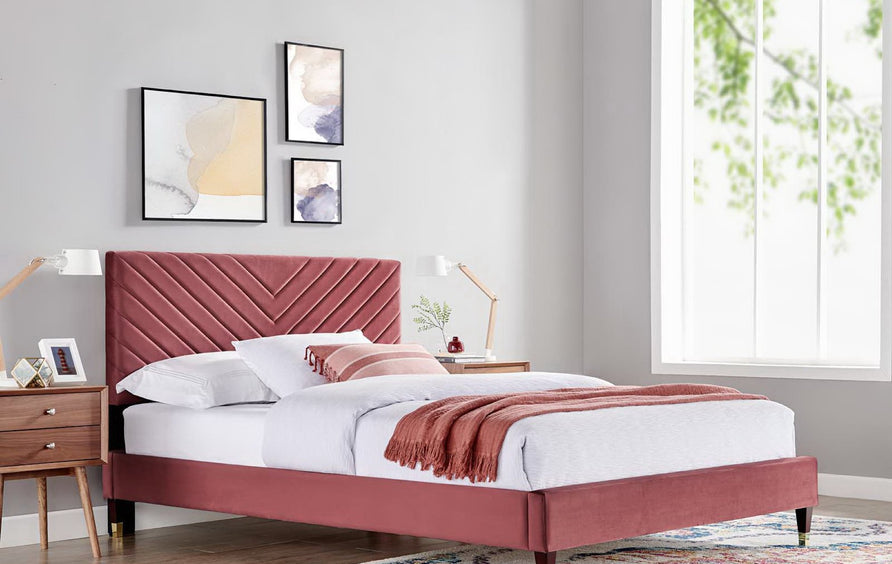 Tartan Performance Velvet Queen Platform Bed in Dusty Rose