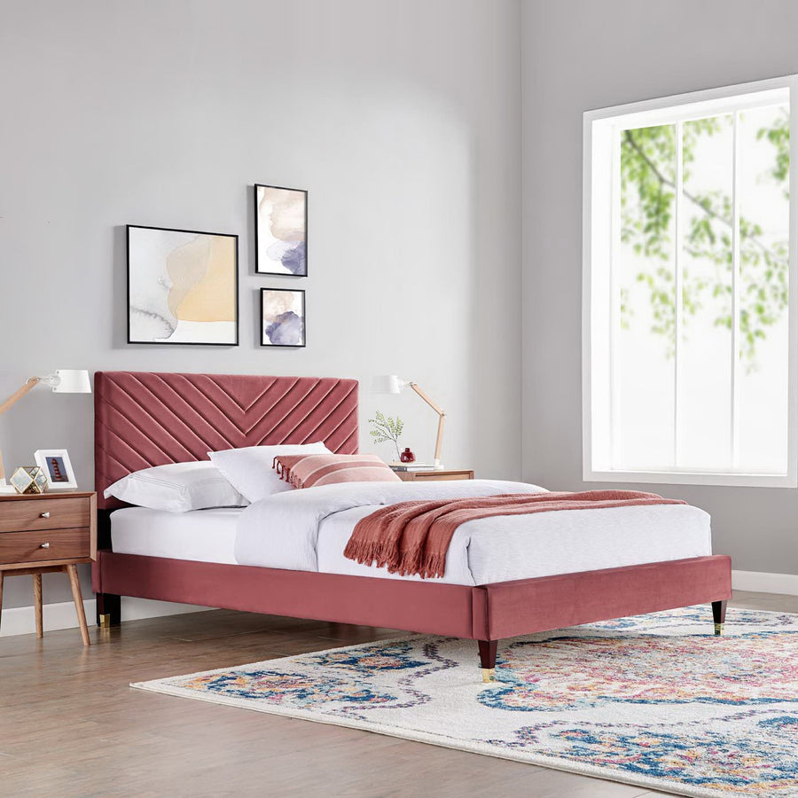 Tartan Performance Velvet Queen Platform Bed in Dusty Rose