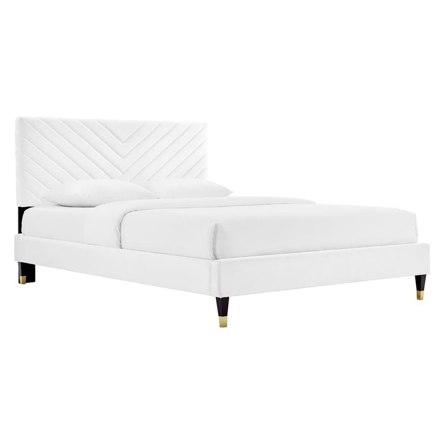 Tartan Performance Velvet Queen Platform Bed in White