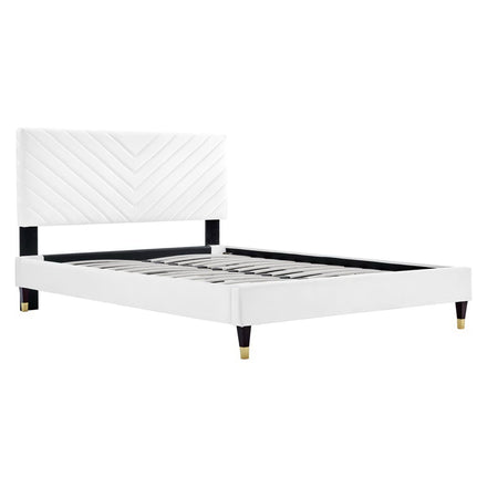 Roxanne Performance Velvet Queen Platform Bed in White