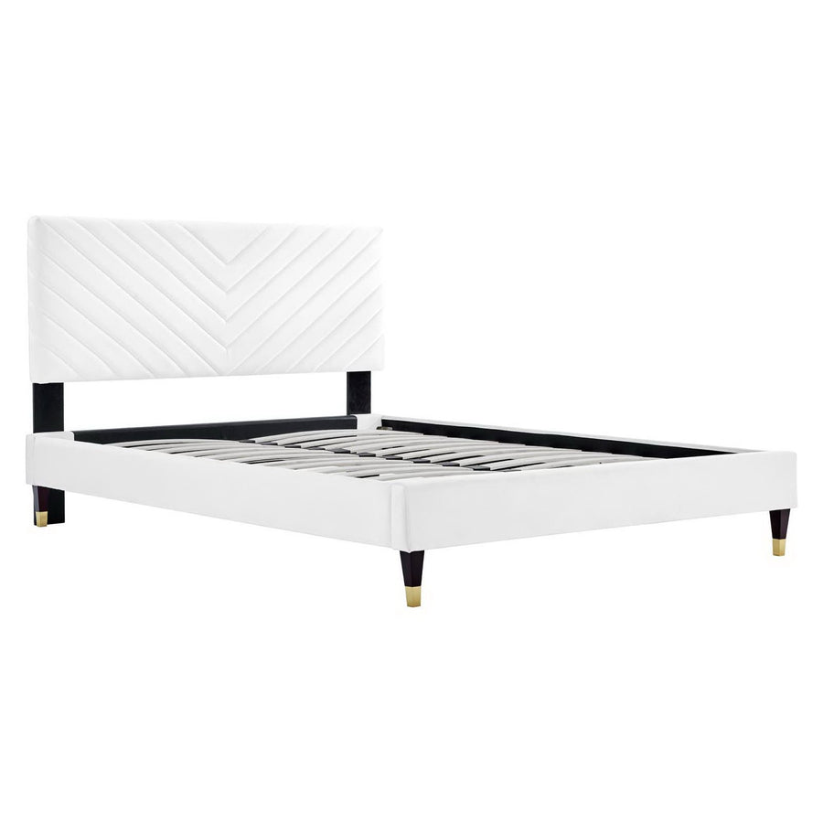 Tartan Performance Velvet Queen Platform Bed in White