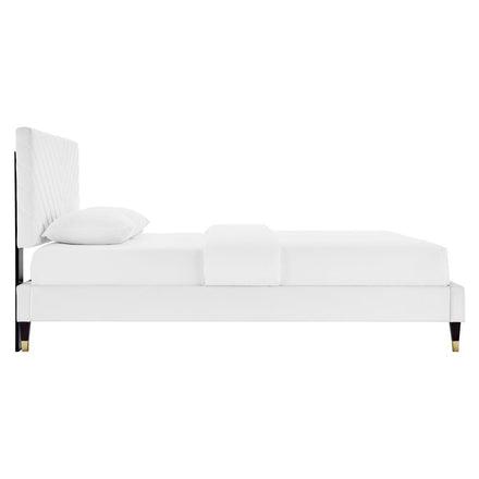 Roxanne Performance Velvet Queen Platform Bed in White