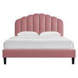 Dome Tapered Wood Leg Performance Velvet Queen Platform Bed in Dusty Rose