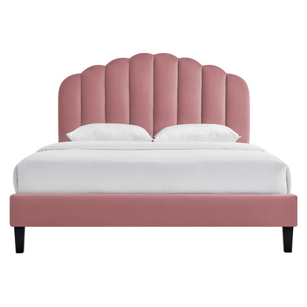 Daisy Tapered Wood Leg Performance Velvet Queen Platform Bed in Dusty Rose