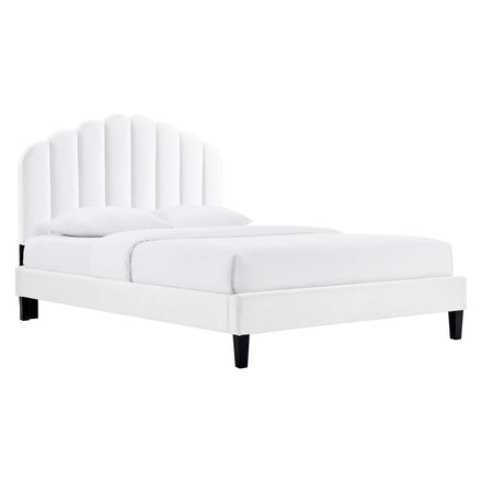 Daisy Tapered Wood Leg Performance Velvet Queen Platform Bed in White