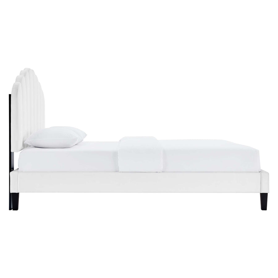 Dome Tapered Wood Leg Performance Velvet Queen Platform Bed in White