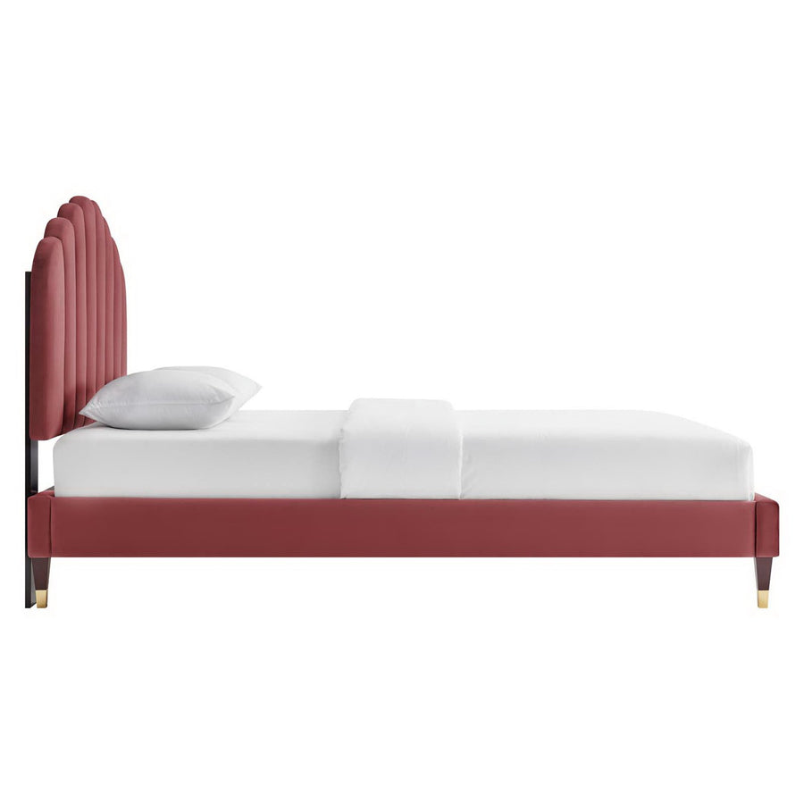 Dome Performance Velvet Queen Platform Bed in Dusty Rose