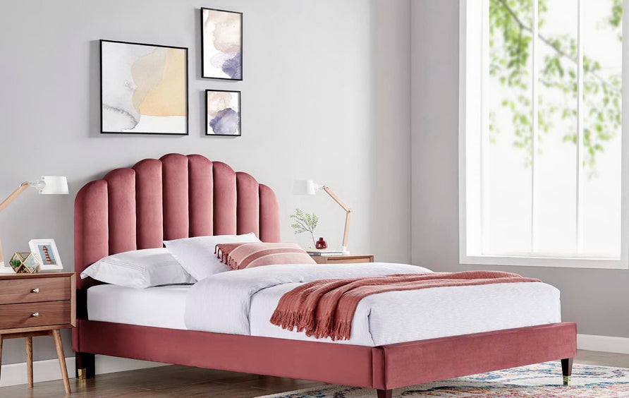 Dome Performance Velvet Queen Platform Bed in Dusty Rose