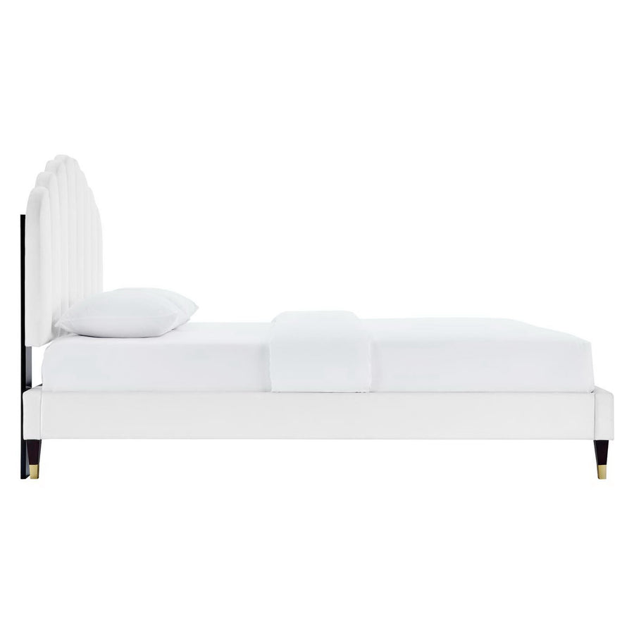 Dome Performance Velvet Queen Platform Bed in White