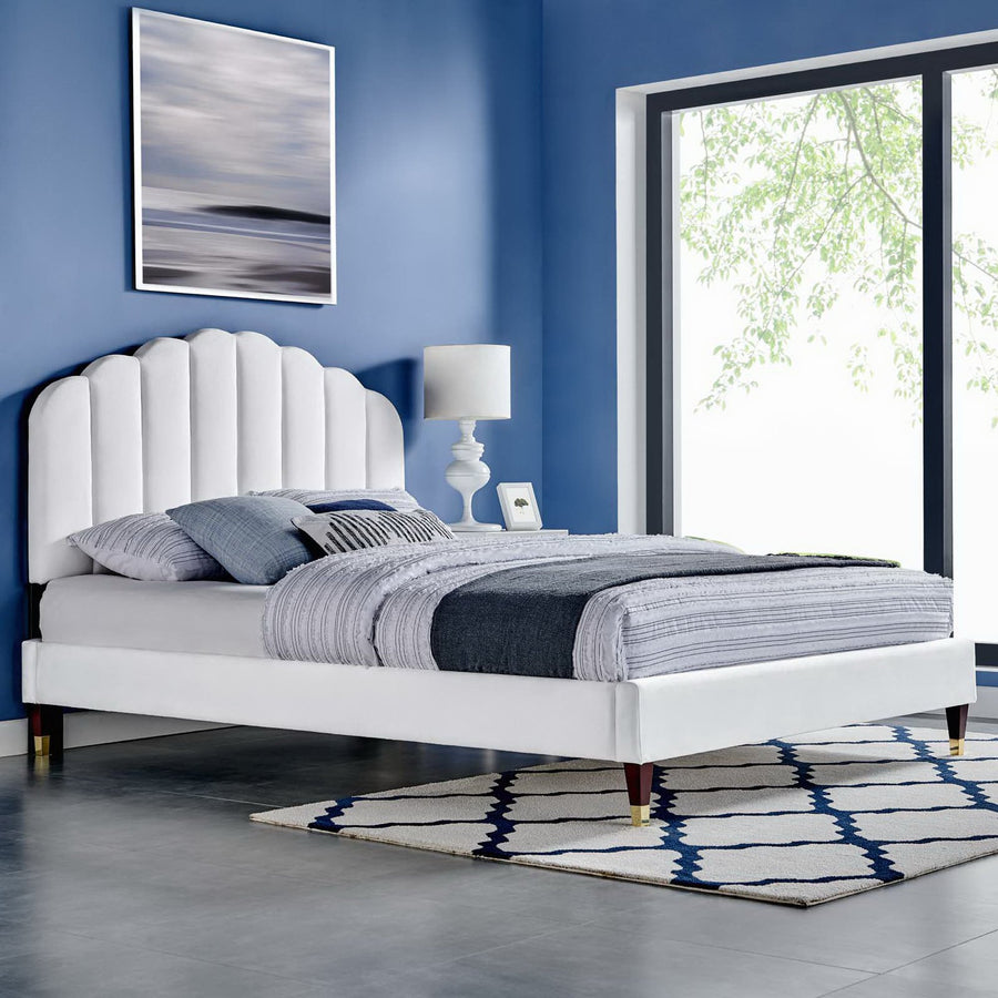 Dome Performance Velvet Queen Platform Bed in White