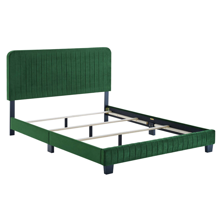 Sutton Channel Tufted Performance Velvet Queen Bed in Emerald