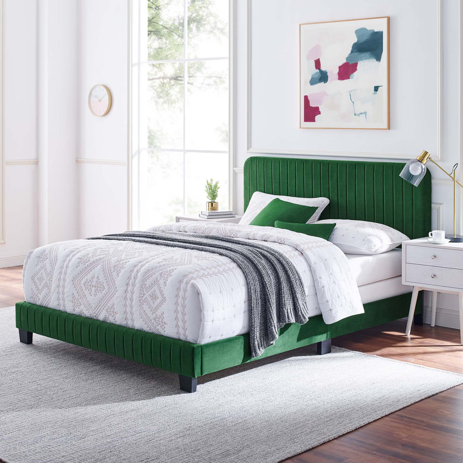 Sutton Channel Tufted Performance Velvet Queen Bed in Emerald