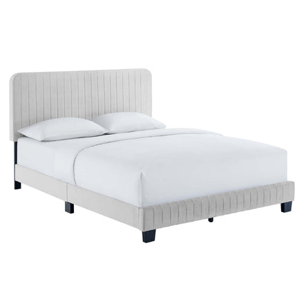 Celine Channel Tufted Performance Velvet Queen Platform Bed in Light Gray